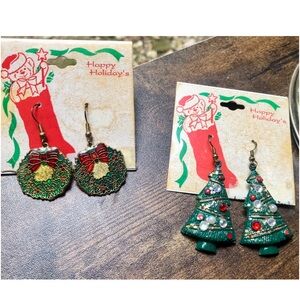 Vintage Christmas Tree and Wreath Earrings Set New in Original Packaging